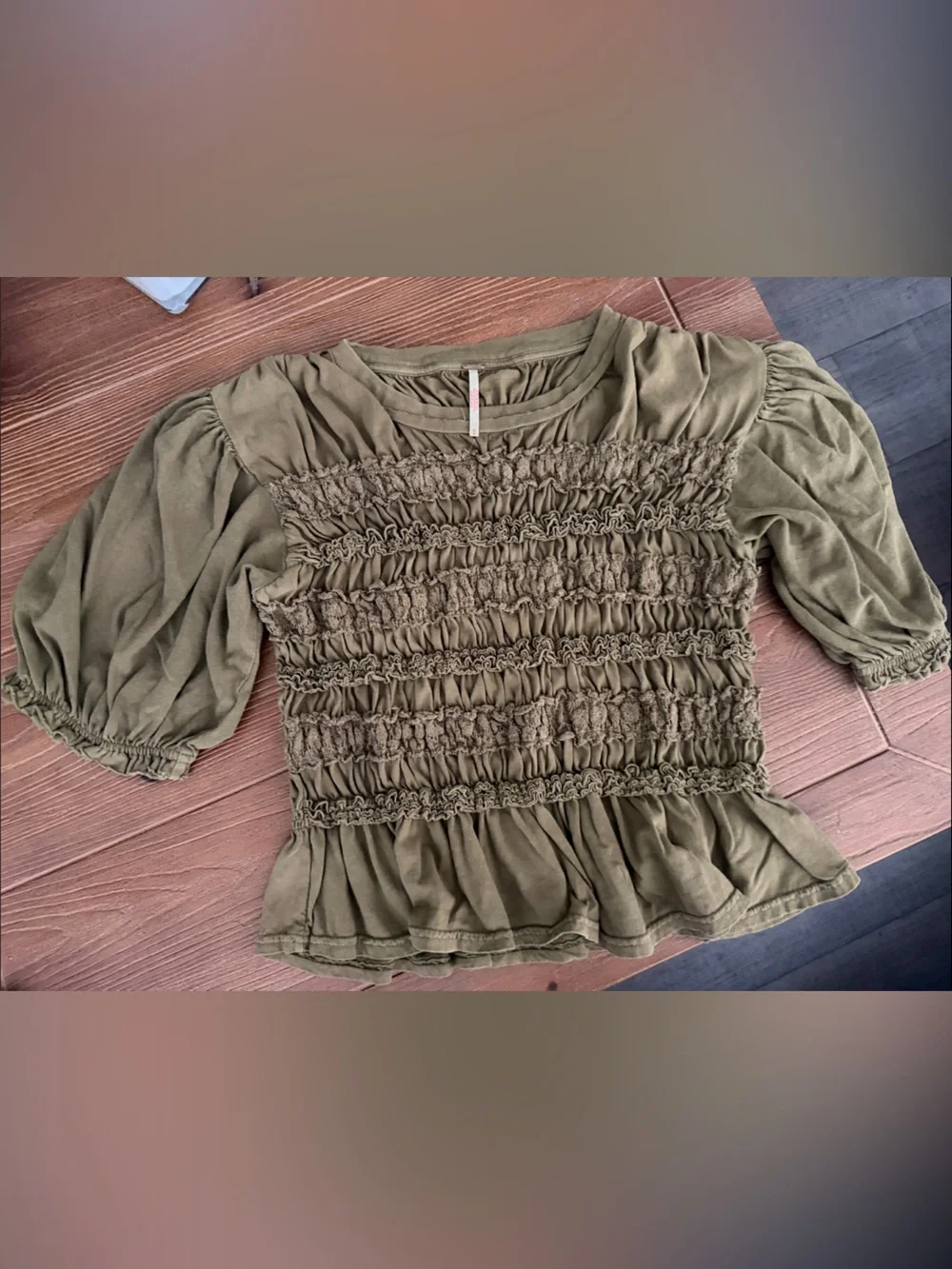Free People Olive Green Smocked Puff-Sleeve Blouse